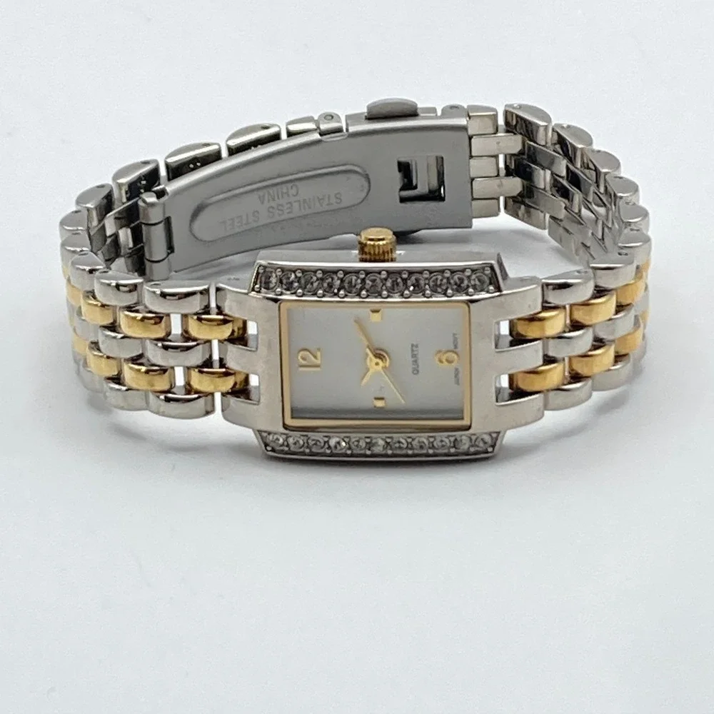 Womens Tank Watch Gold Silver Two Tone 19mm Crystals Bling New Battery 6.5